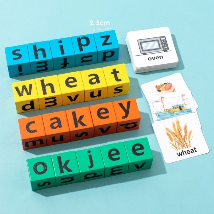 Joc cu Blocuri din Lemn, Flippy, Formare Cuvinte, Cartonase cu Obiecte si Animale, Clopotel, Joc pentru 4 Persoane, 3 Ani+, 28x15.5x5 cm, Multicolor [4]