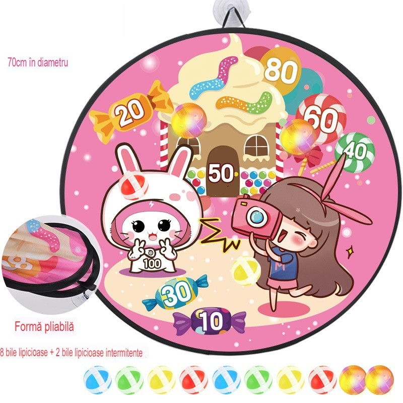 Joc Darts Flippy pentru Copii, Placa Pliabila 70 cm, 8 Mingii Velcro/Scai Simple, 2 Mingii Luminoase, Model Acadele, Roz [5]