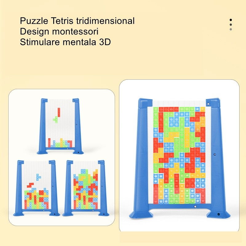 Joc de inteligenta Tetris puzzle tangram Flippy, 70 de piese multicolore, 3D, montessori, interactiv, din plastic, zar inclus, sac depozitare piese, varsta peste 6 ani, 23 x 19.8 x 5 cm, cadru albastr [6]