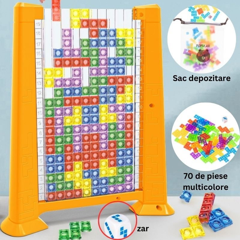 Joc de inteligenta Tetris puzzle tangram Flippy, 70 de piese multicolore, 3D, montessori, interactiv, din plastic, zar inclus, sac depozitare piese, varsta peste 6 ani, 23 x 19.8 x 5 cm, cadru galben [3]