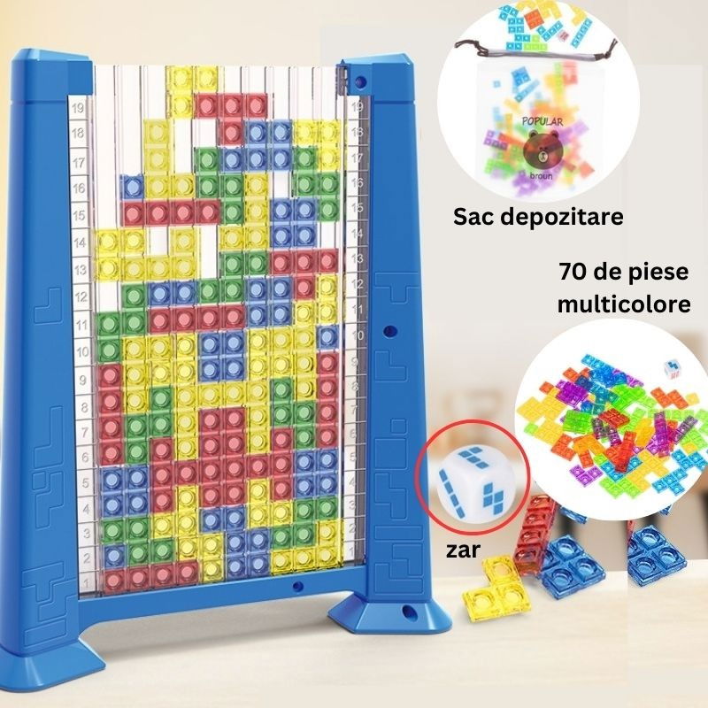 Joc de inteligenta Tetris puzzle tangram Flippy, 70 de piese multicolore, 3D, montessori, interactiv, din plastic, zar inclus, sac depozitare piese, varsta peste 6 ani, 23 x 19.8 x 5 cm, cadru albastr [2]