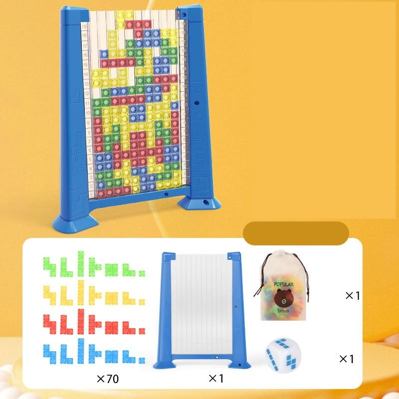 Joc de inteligenta Tetris puzzle tangram Flippy, 70 de piese multicolore, 3D, montessori, interactiv, din plastic, zar inclus, sac depozitare piese, varsta peste 6 ani, 23 x 19.8 x 5 cm, cadru albastr [4]