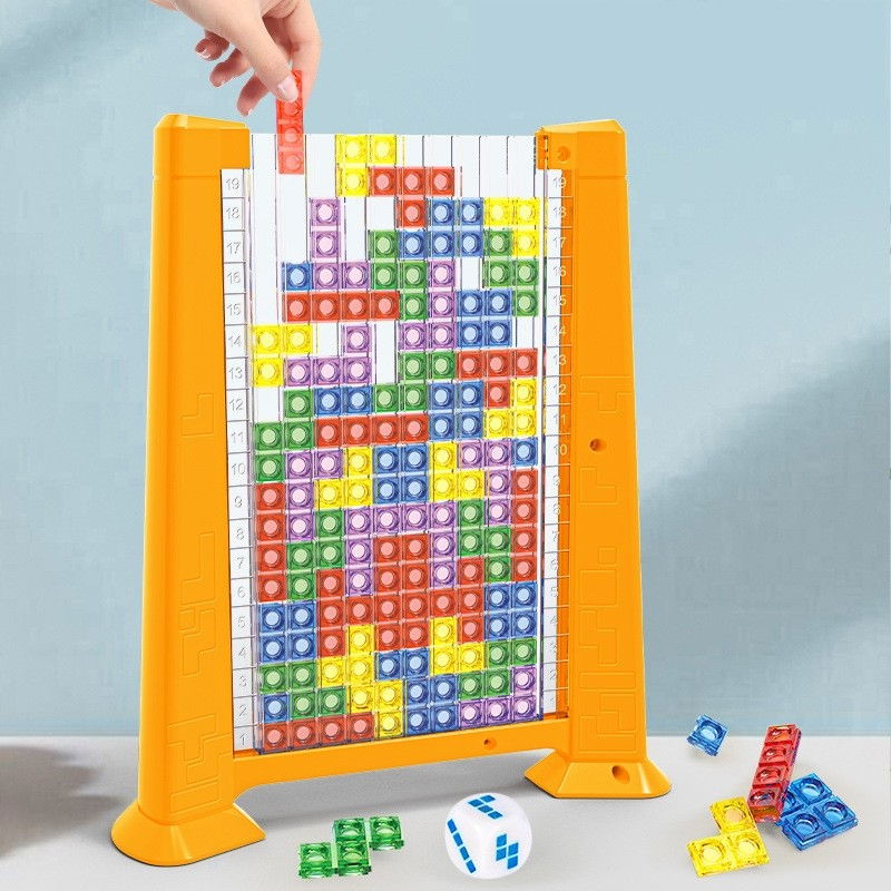Joc de inteligenta Tetris puzzle tangram Flippy, 70 de piese multicolore, 3D, montessori, interactiv, din plastic, zar inclus, sac depozitare piese, varsta peste 6 ani, 23 x 19.8 x 5 cm, cadru galben [4]