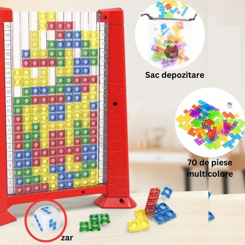 Joc de inteligenta Tetris puzzle tangram Flippy, 70 de piese multicolore, 3D, montessori, interactiv, din plastic, zar inclus, sac depozitare piese, varsta peste 6 ani, 23 x 19.8 x 5 cm, cadru rosu [2]