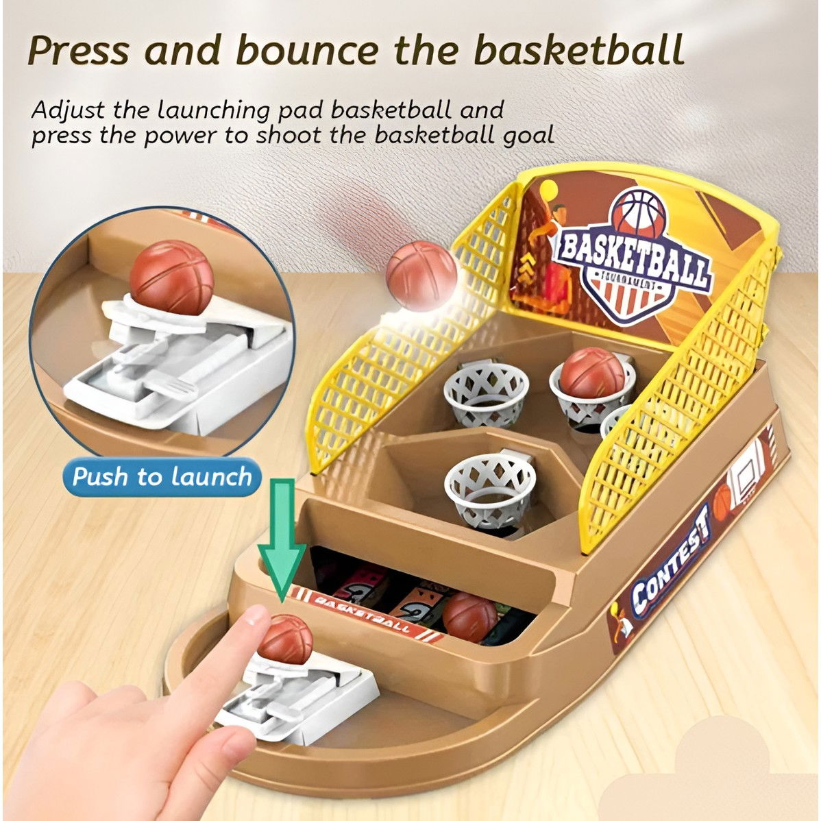 Joc de Masa Mini Baschet Interactiv pentru Copii, Flippy, 4 Cosuri, 3 Mingi Incluse, 23.5x11.5x14 cm, Maro [6]