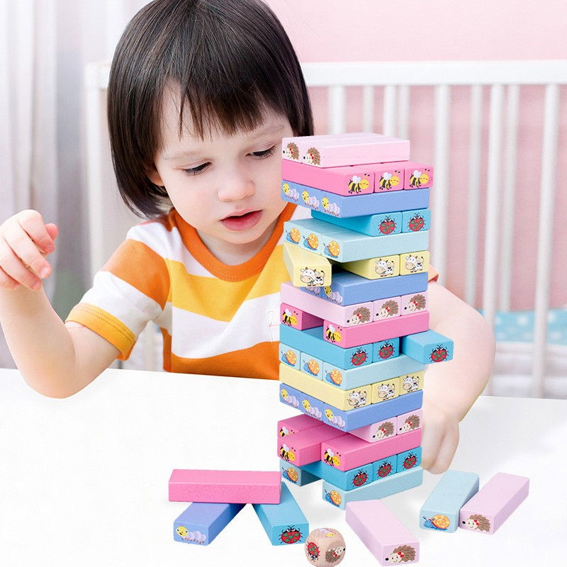Joc de Societate, Flippy, pentru Copii, din Lemn, Interactiv, Distractiv, Jenga Stack High Blocks, cu Zar, 51 de Piese Animate, 24.5x18x5 cm, Multicolor [11]