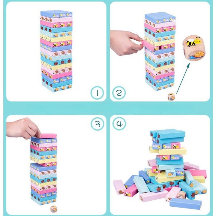 Joc de Societate, Flippy, pentru Copii, din Lemn, Interactiv, Distractiv, Jenga Stack High Blocks, cu Zar, 51 de Piese Animate, 24.5x18x5 cm, Multicolor [4]