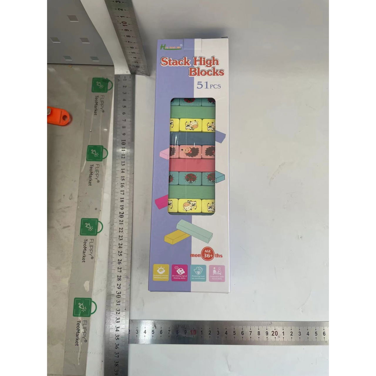 Joc de Societate, Flippy, pentru Copii, din Lemn, Interactiv, Distractiv, Jenga Stack High Blocks, cu Zar, 51 de Piese Animate, 24.5x18x5 cm, Multicolor [2]