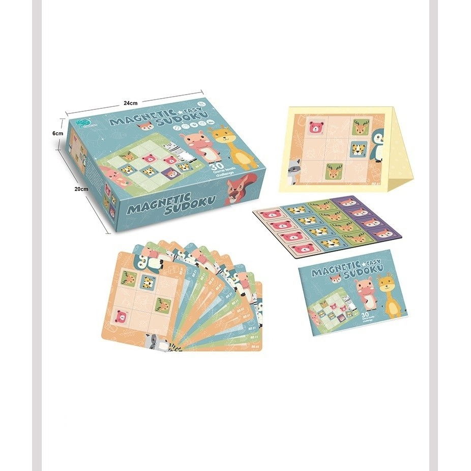 Joc educativ Sudoku cu tablita magnetica, 32 de piese, cartonase cu animale, Verde [5]