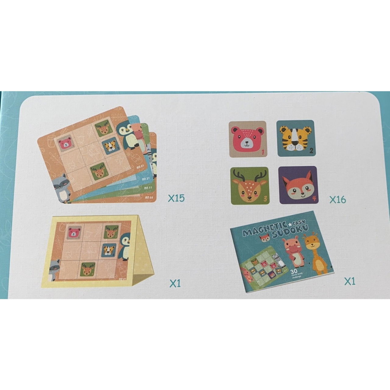 Joc educativ Sudoku cu tablita magnetica, 32 de piese, cartonase cu animale, Verde [6]