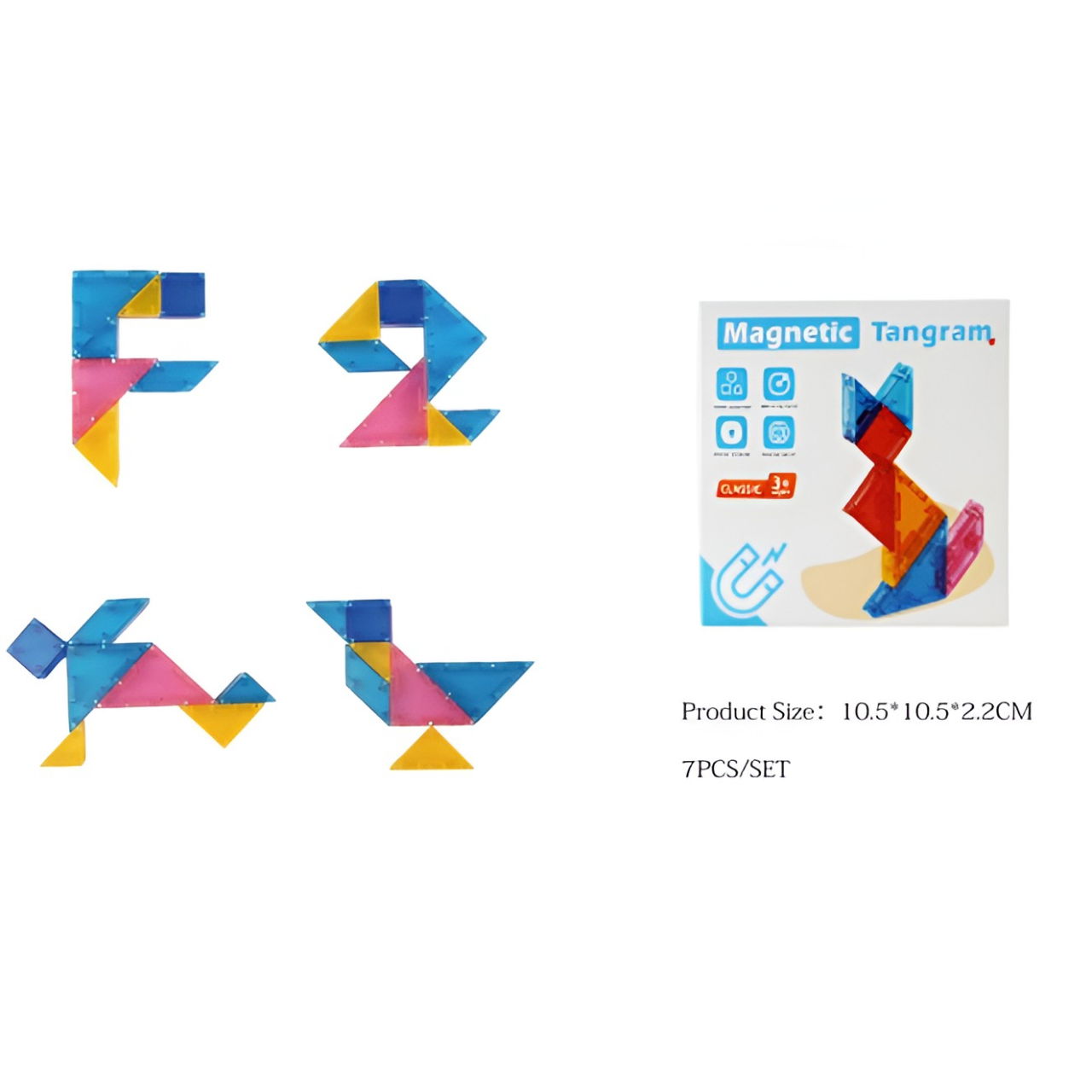 Joc Magnetic Tangram, Flippy, 7 Piese Magnetice, Forme Geometrice, 3 Ani, EVA, ABS, Magnet, 10.5 x 10.5 x 2.2 cm, Multicolor [3]