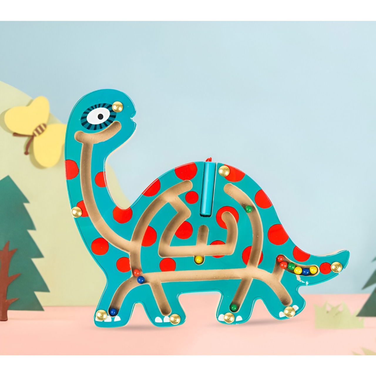 Joc Montessori cu Bile, Flippy, Creion Magnetic, Tip Labirint, din Lemn, Model Brontozaur, 18x21 cm, Verde [4]