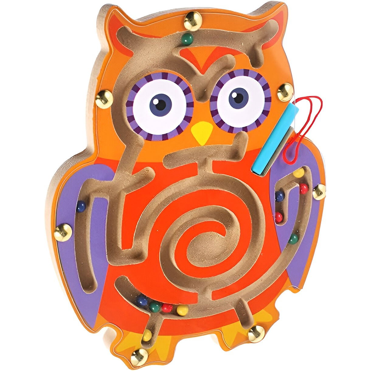 Joc Montessori cu Bile, Flippy, Creion Magnetic, Tip Labirint, din Lemn, Model Bufnita, 18.5x17.5 cm, Portocaliu-Mov [6]