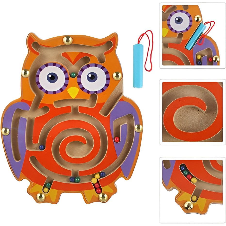 Joc Montessori cu Bile, Flippy, Creion Magnetic, Tip Labirint, din Lemn, Model Bufnita, 18.5x17.5 cm, Portocaliu-Mov [5]