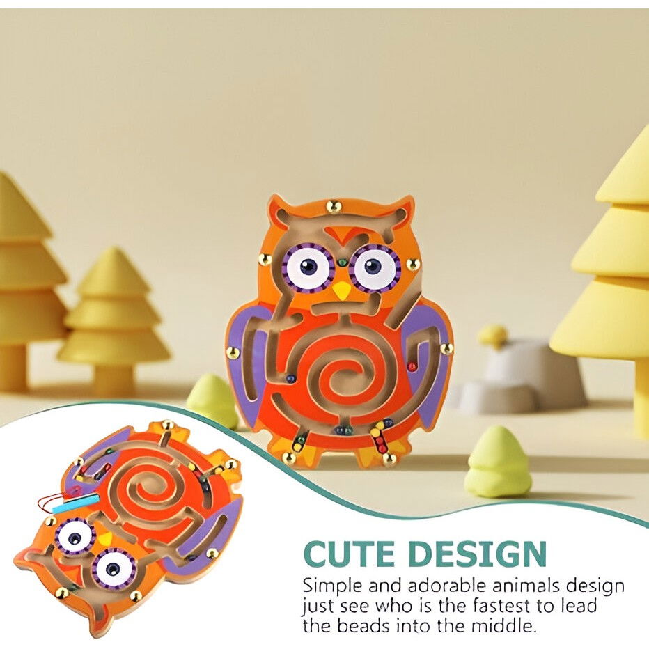 Joc Montessori cu Bile, Flippy, Creion Magnetic, Tip Labirint, din Lemn, Model Bufnita, 18.5x17.5 cm, Portocaliu-Mov [3]