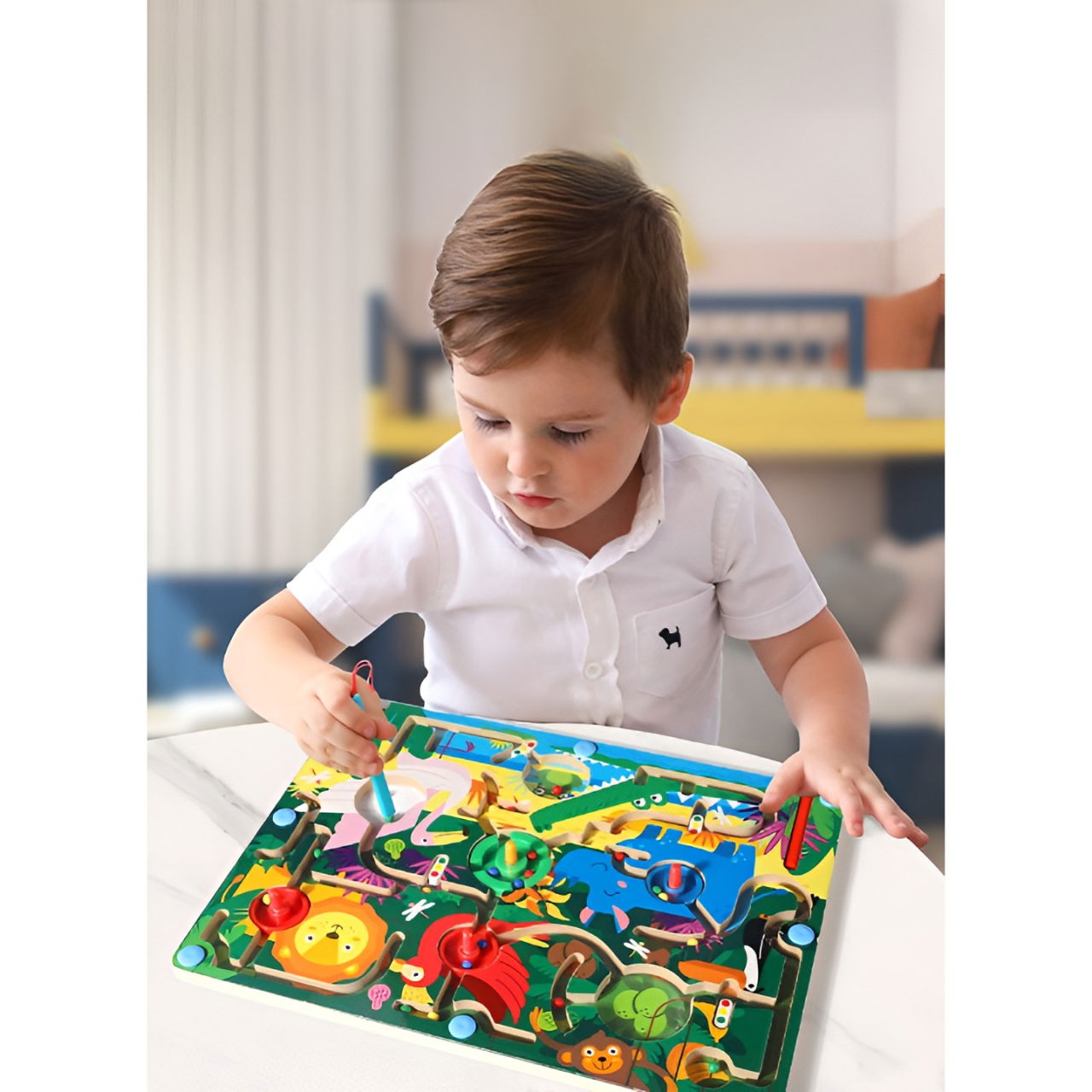 Joc Montessori de Sortare Culori, Flippy, Creion Magnetic, Tip Labirint Ilustrat, din Lemn, Model Animale Salbatice, 39x29x1.5 cm [5]