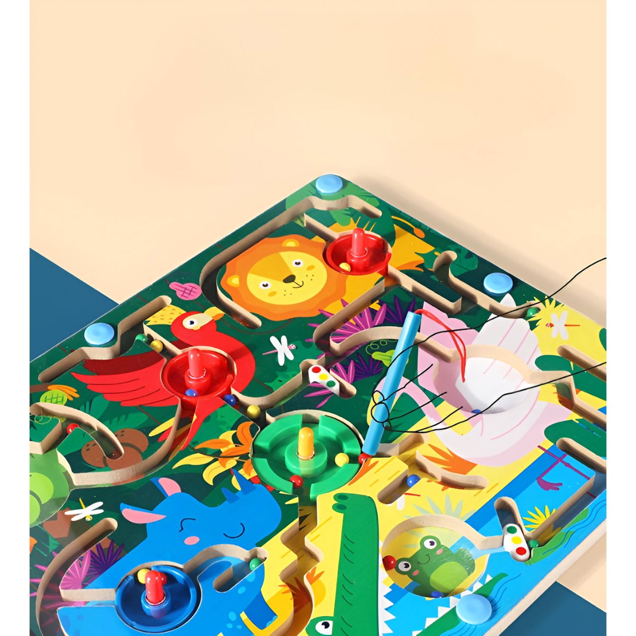 Joc Montessori de Sortare Culori, Flippy, Creion Magnetic, Tip Labirint Ilustrat, din Lemn, Model Animale Salbatice, 39x29x1.5 cm [6]