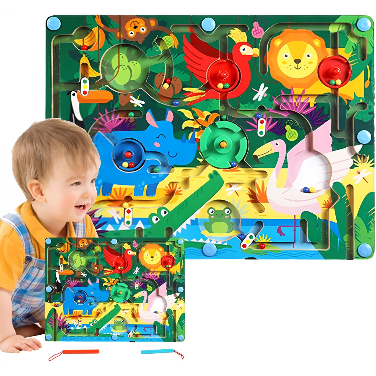 Joc Montessori de Sortare Culori, Flippy, Creion Magnetic, Tip Labirint Ilustrat, din Lemn, Model Animale Salbatice, 39x29x1.5 cm [15]