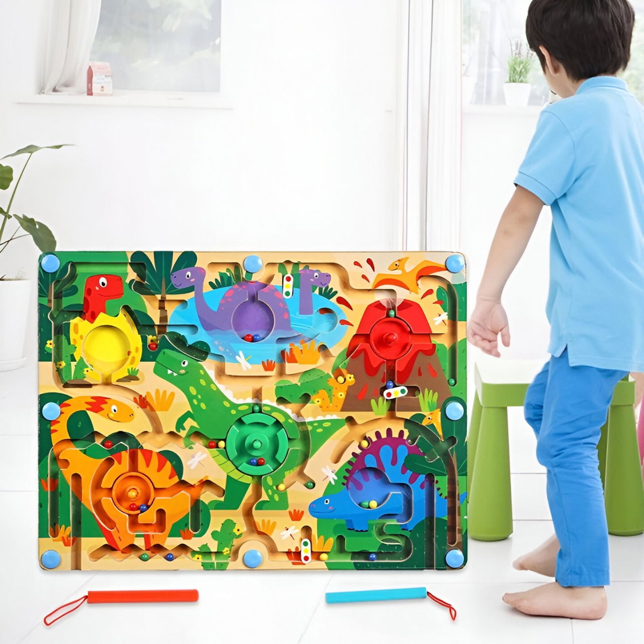 Joc Montessori de Sortare Culori, Flippy, Creion Magnetic, Tip Labirint Ilustrat, din Lemn, Model Dinozauri, 39x29x1.5 cm [5]