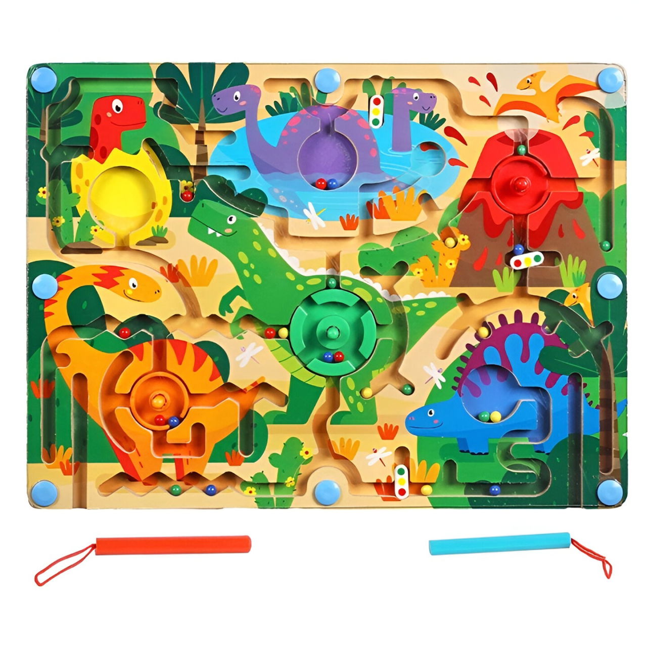 Joc Montessori de Sortare Culori, Flippy, Creion Magnetic, Tip Labirint Ilustrat, din Lemn, Model Dinozauri, 39x29x1.5 cm [1]