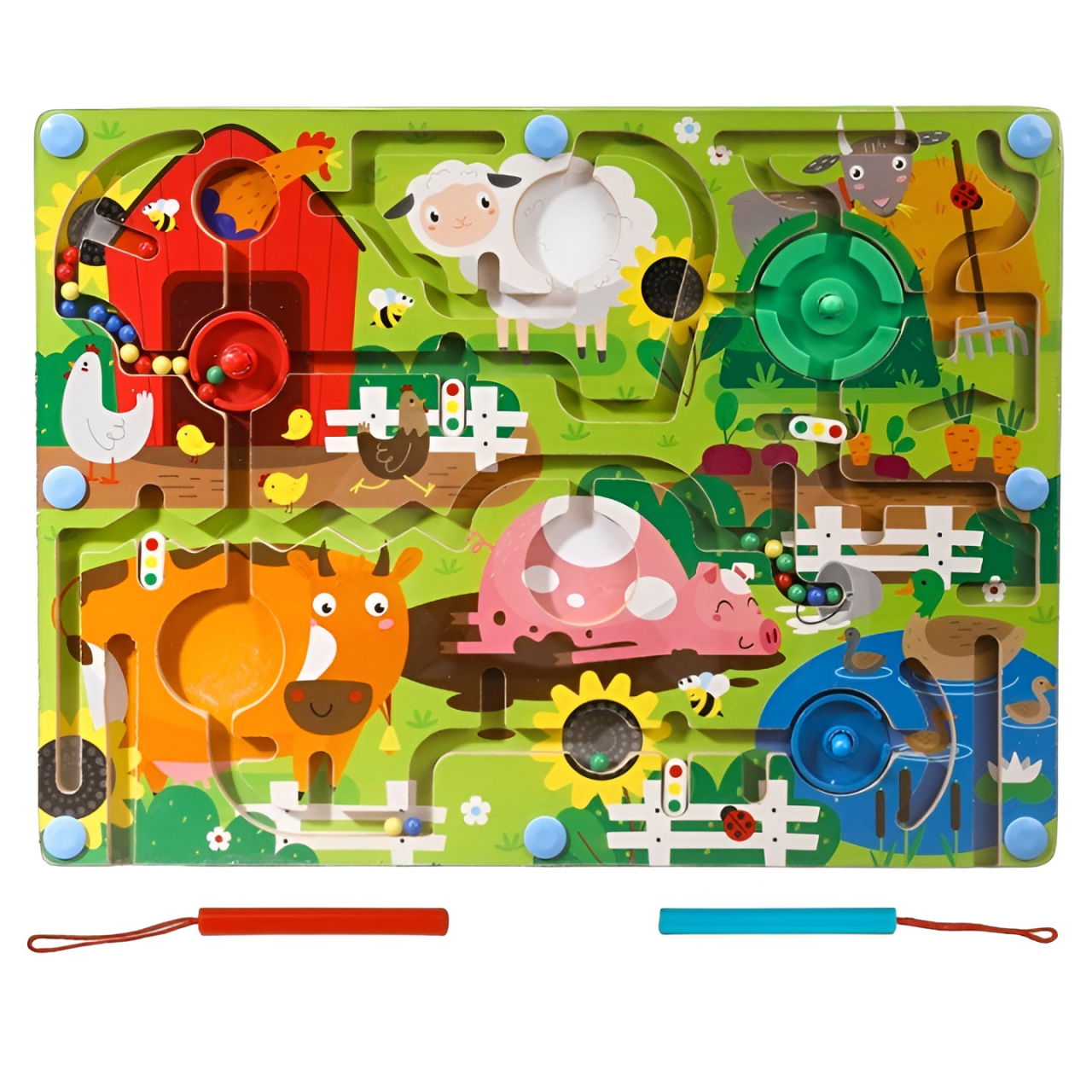 Joc Montessori de Sortare Culori, Flippy, Creion Magnetic, Tip Labirint Ilustrat, din Lemn, Model Ferma, 39x29x1.5 cm [1]