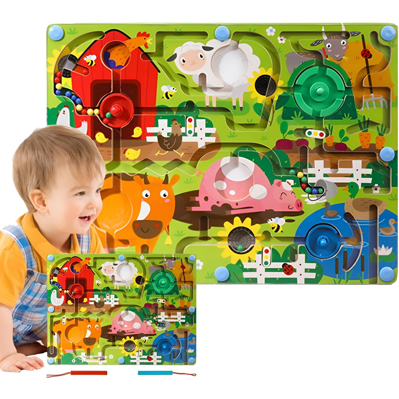 Joc Montessori de Sortare Culori, Flippy, Creion Magnetic, Tip Labirint Ilustrat, din Lemn, Model Ferma, 39x29x1.5 cm [4]