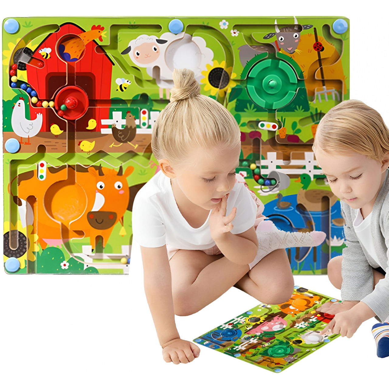 Joc Montessori de Sortare Culori, Flippy, Creion Magnetic, Tip Labirint Ilustrat, din Lemn, Model Ferma, 39x29x1.5 cm [5]