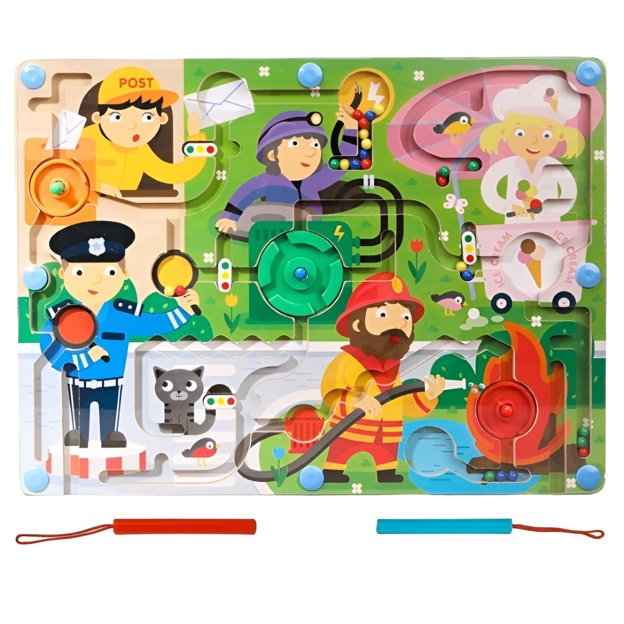 Joc Montessori de Sortare Culori, Flippy, Creion Magnetic, Tip Labirint Ilustrat, din Lemn, Model Meserii, 39x29x1.5 cm [1]