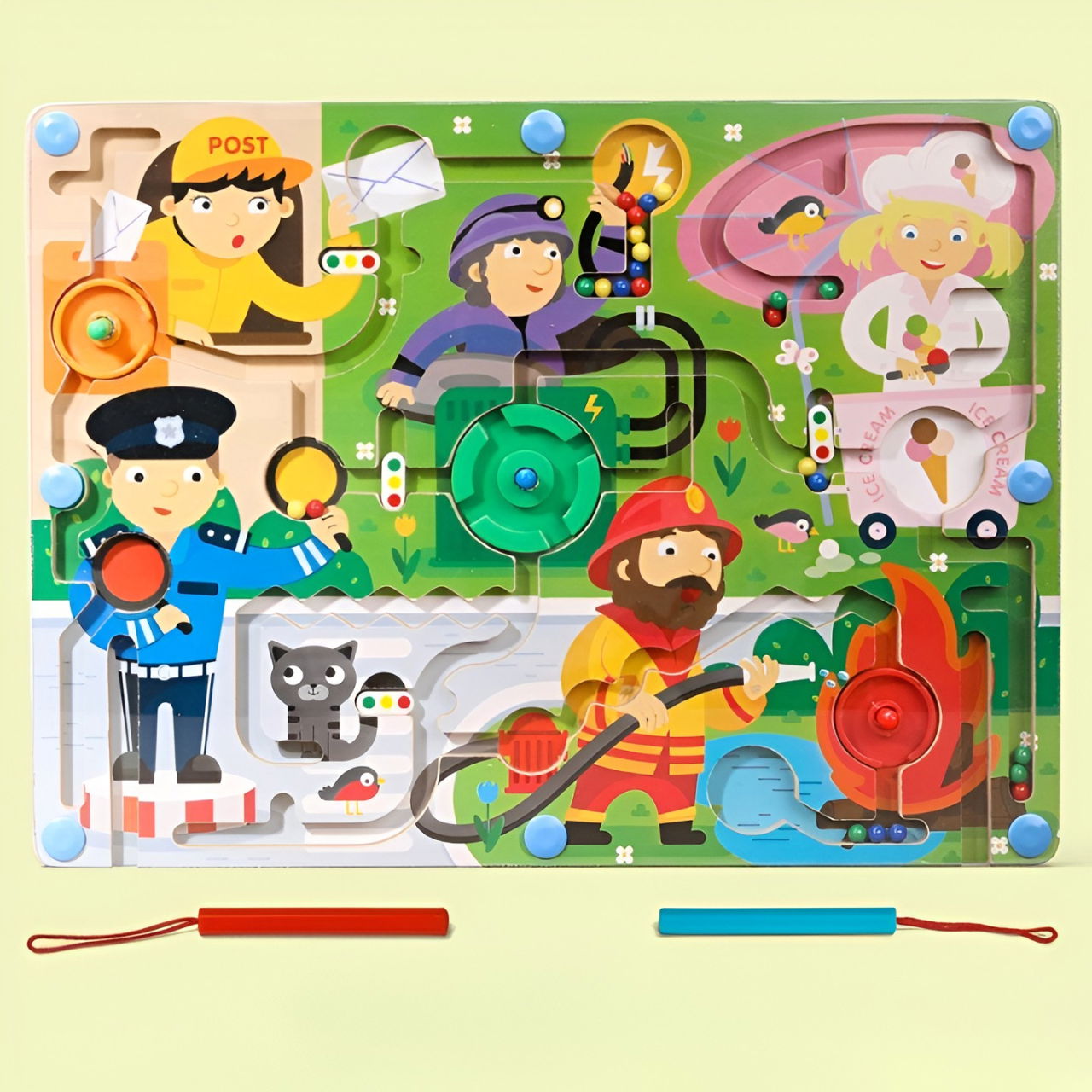 Joc Montessori de Sortare Culori, Flippy, Creion Magnetic, Tip Labirint Ilustrat, din Lemn, Model Meserii, 39x29x1.5 cm [3]