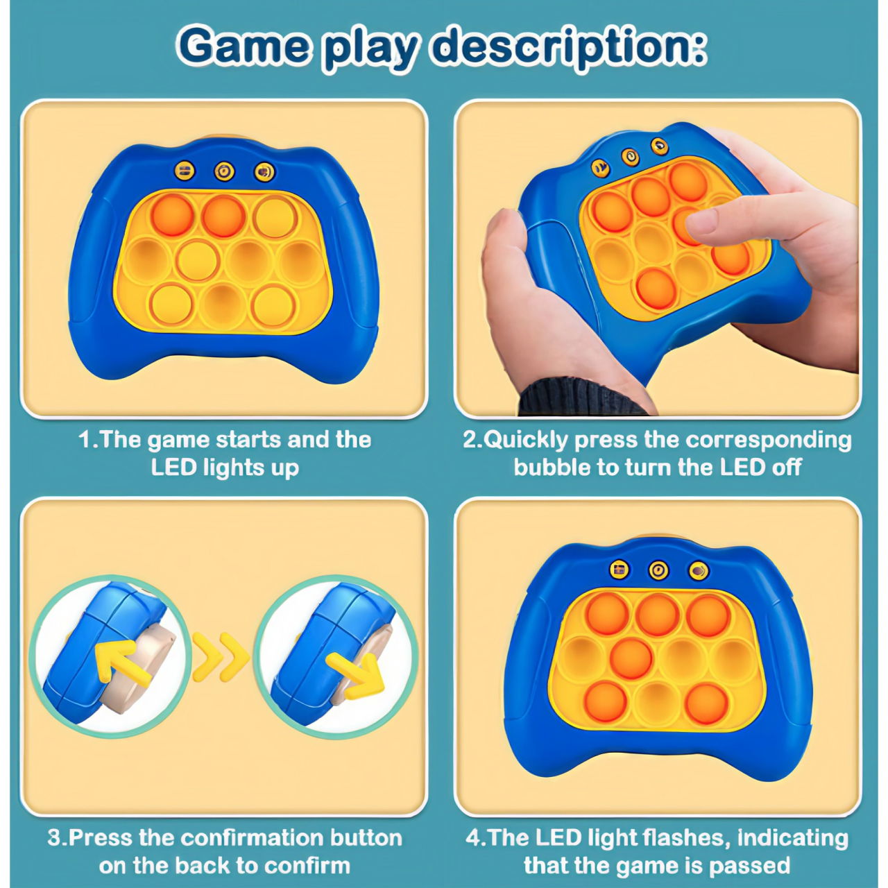 Joc Pop It, Flippy, consola, joc interactiv, antistres, cu baterii, Abs si silicon, Albastru, 12 x 10 x 5.8 cm [4]