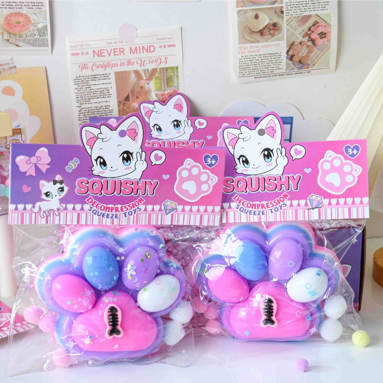 Jucarie Antistres Squishy, Flippy, cu Revenire Lenta, Model Labuta de Pisica, cu Pestisor, 220g, 12.5 x 10.5 cm Squeeze Pinch Family, Ambalaj Transparent, Roz-Multicolor [7]