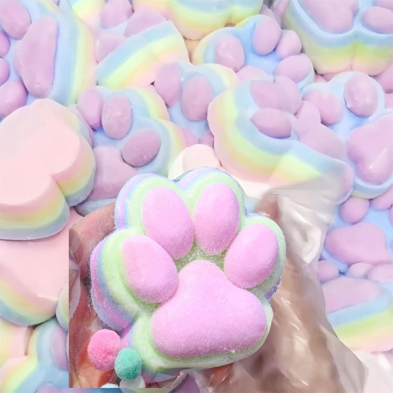 Jucarie Antistres Squishy, Flippy, cu Revenire Lenta, Model Labuta de Pisica Pufoasa, 12.5x10.5 cm, 220g, Squeeze Pinch Family, Ambalaj Transparent, Roz Curcubeu [4]