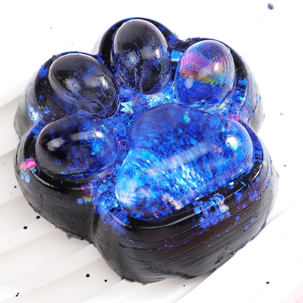 Jucarie Antistres Squishy, Flippy, cu Revenire Lenta, Squeeze Pinch Family, Model Labuta de Pisica cu Sclipici, 6.5x6 cm, 60g, Ambalaj Transparent, Albastru-Negru [2]