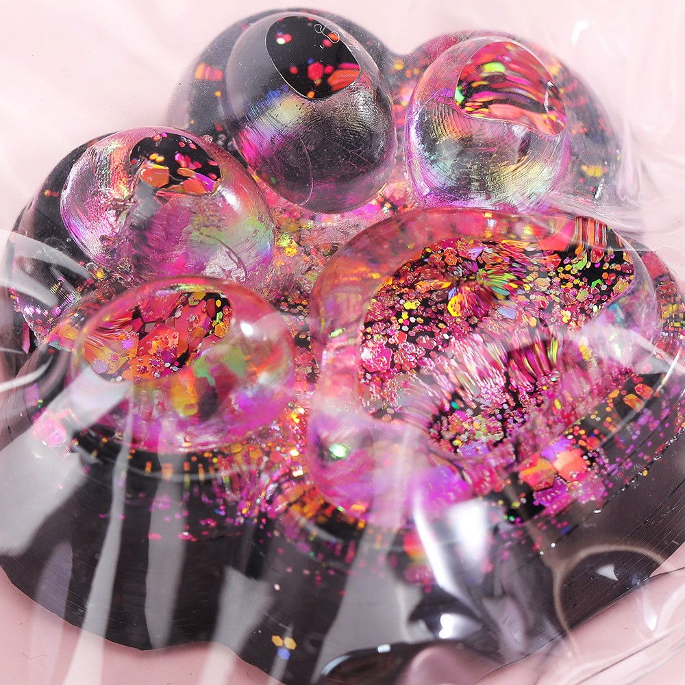 Jucarie Antistres Squishy, Flippy, cu Revenire Lenta, Squeeze Pinch Family, Model Labuta de Pisica cu Sclipici, 6.5x6 cm, 60g, Ambalaj Transparent, Roz-Negru [3]