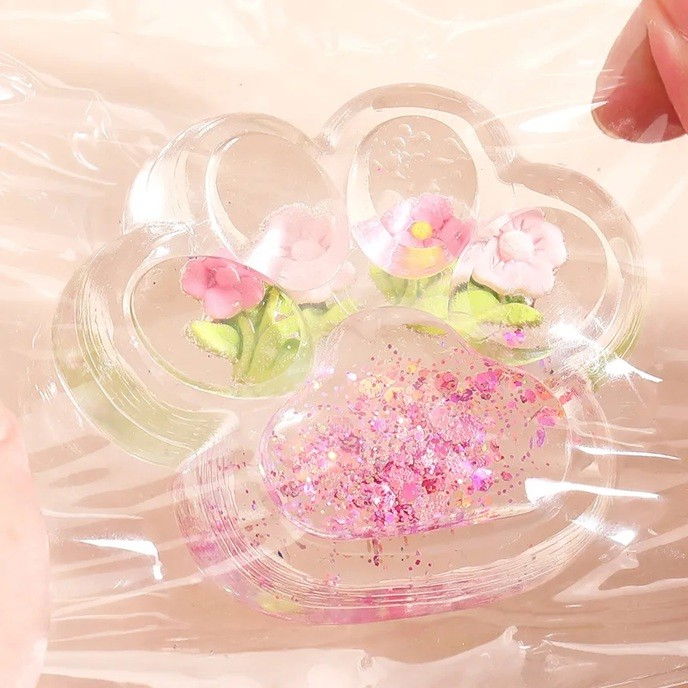 Jucarie Antistres Squishy, Flippy, Labuta de Pisica Pufoasa, cu Revenire Lenta, 7 x 6.5 cm, Model Flori 1, Transparent [4]