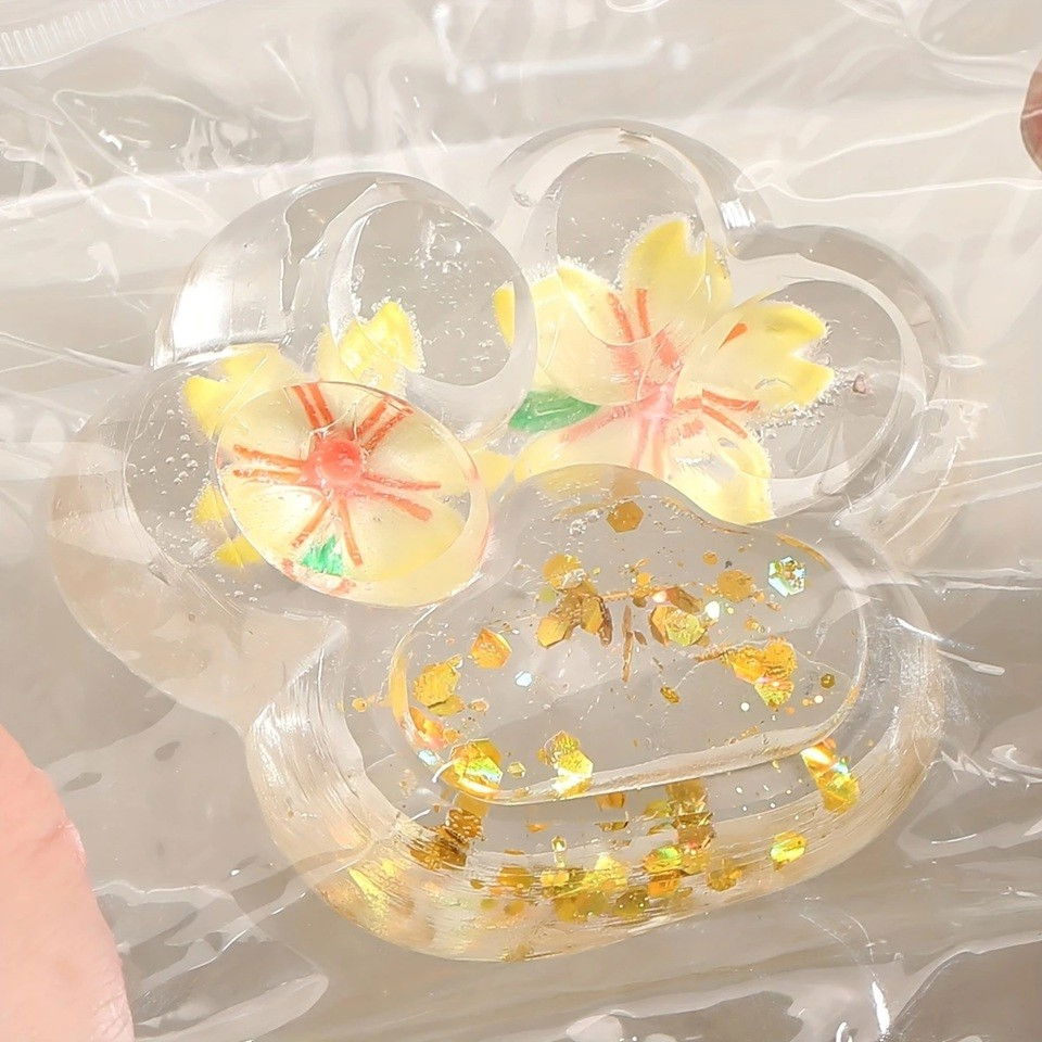 Jucarie Antistres Squishy, Flippy, Labuta de Pisica Pufoasa, cu Revenire Lenta, 7 x 6.5 cm, Model Flori 2, Transparent [5]