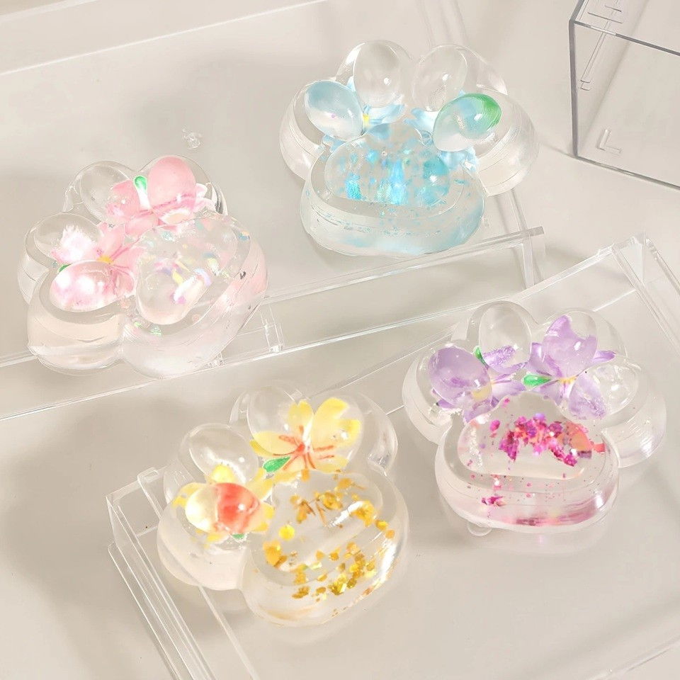 Jucarie Antistres Squishy, Flippy, Labuta de Pisica Pufoasa, cu Revenire Lenta, 7 x 6.5 cm, Model Flori 2, Transparent [6]