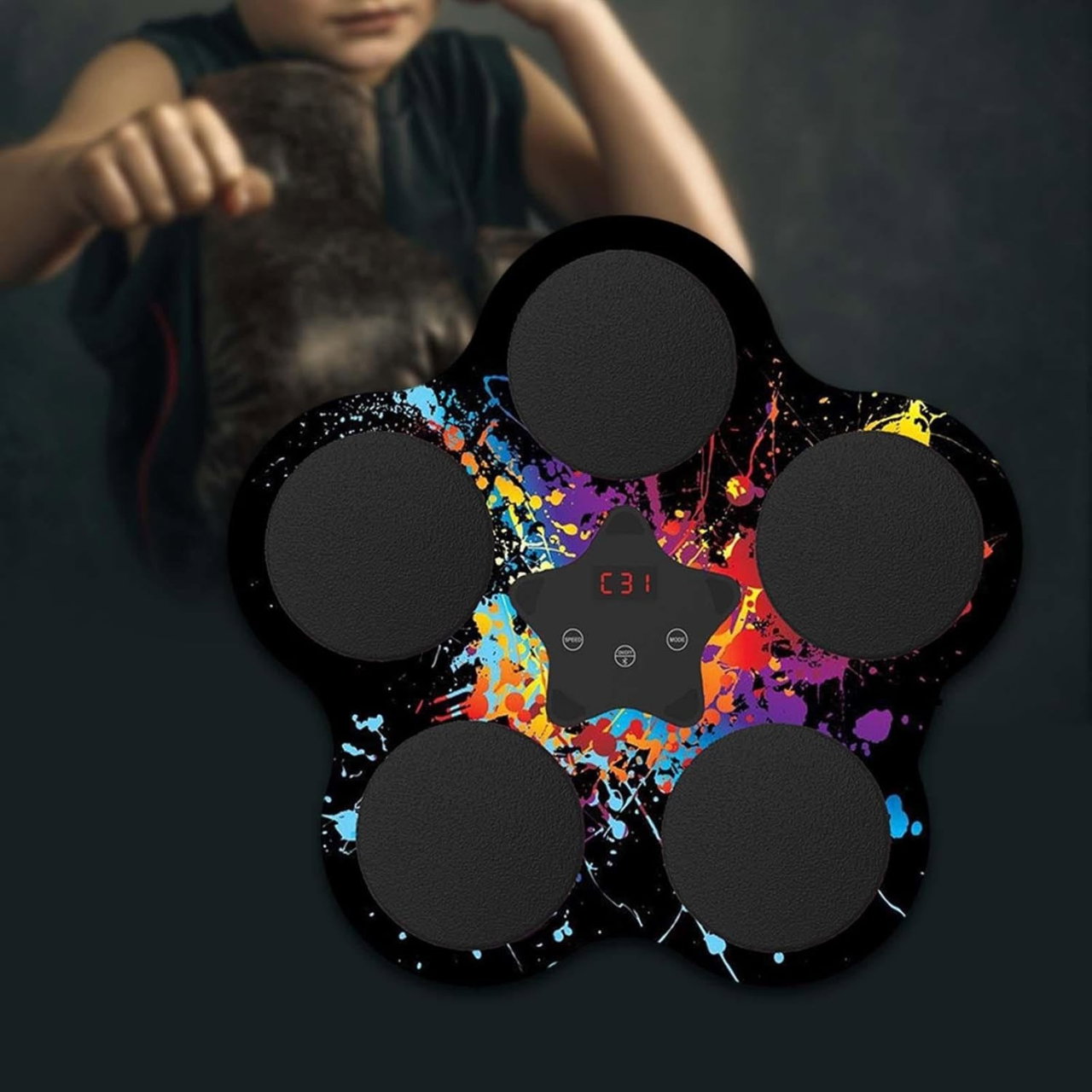 Jucarie de Boxat cu Muzica si Lumini, Flippy, Bluetooth, Incarcare USB, Aplicare cu Ventuze, 5 Tinte, 40x38x8 cm, 930 g, Negru [2]