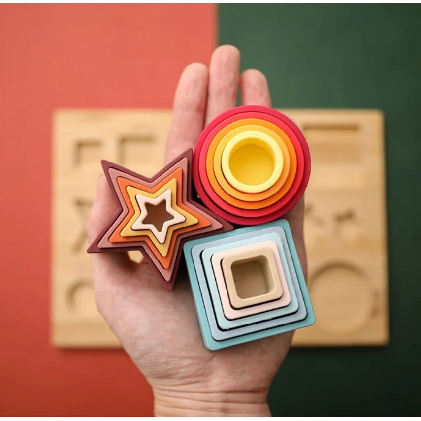 Jucarie Educativa, Flippy, +12 Luni, Tip Montessori, din Lemn si Silicon, Forme Geometrice Stivuibile, 15 Piese, 27 x 19 cm, Multicolor [3]