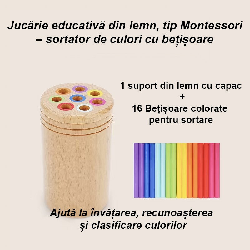 Jucarie Educativa Montessori din Lemn, 19 Piese, Flippy, Sortator cu Betisoare, Joc de Motricitate Fina pentru Copii, Varsta 2+ ani, Saculet Depozitare, 11.3 x 7 cm, Multicolor [4]