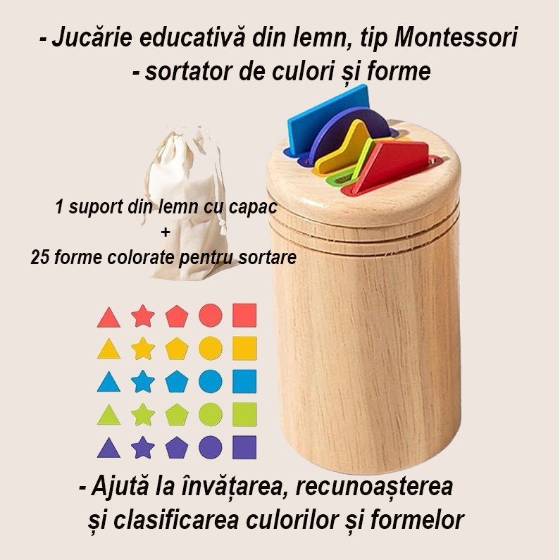 Jucarie Educativa Montessori din Lemn, 28 Piese, Flippy, Sortator cu Forme Geometrice, Joc de Motricitate Fina pentru Copii, Varsta 2+ ani, Saculet Depozitare, 11.3 x 7 cm, Multicolor [4]