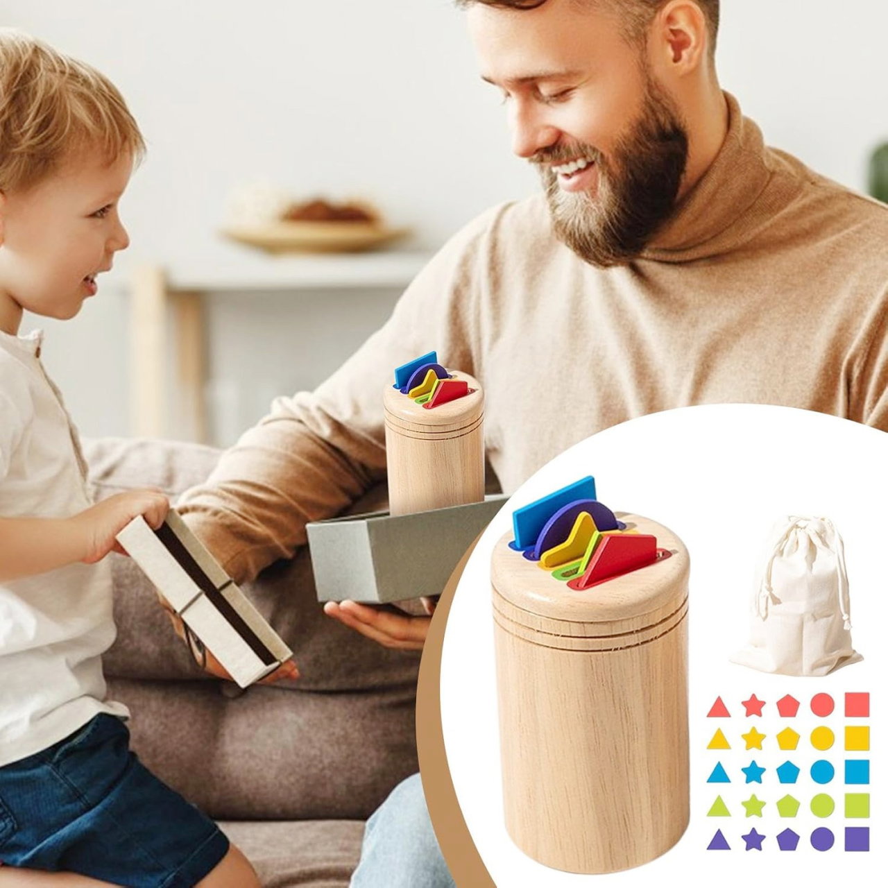 Jucarie Educativa Montessori din Lemn, 28 Piese, Flippy, Sortator cu Forme Geometrice, Joc de Motricitate Fina pentru Copii, Varsta 2+ ani, Saculet Depozitare, 11.3 x 7 cm, Multicolor [5]