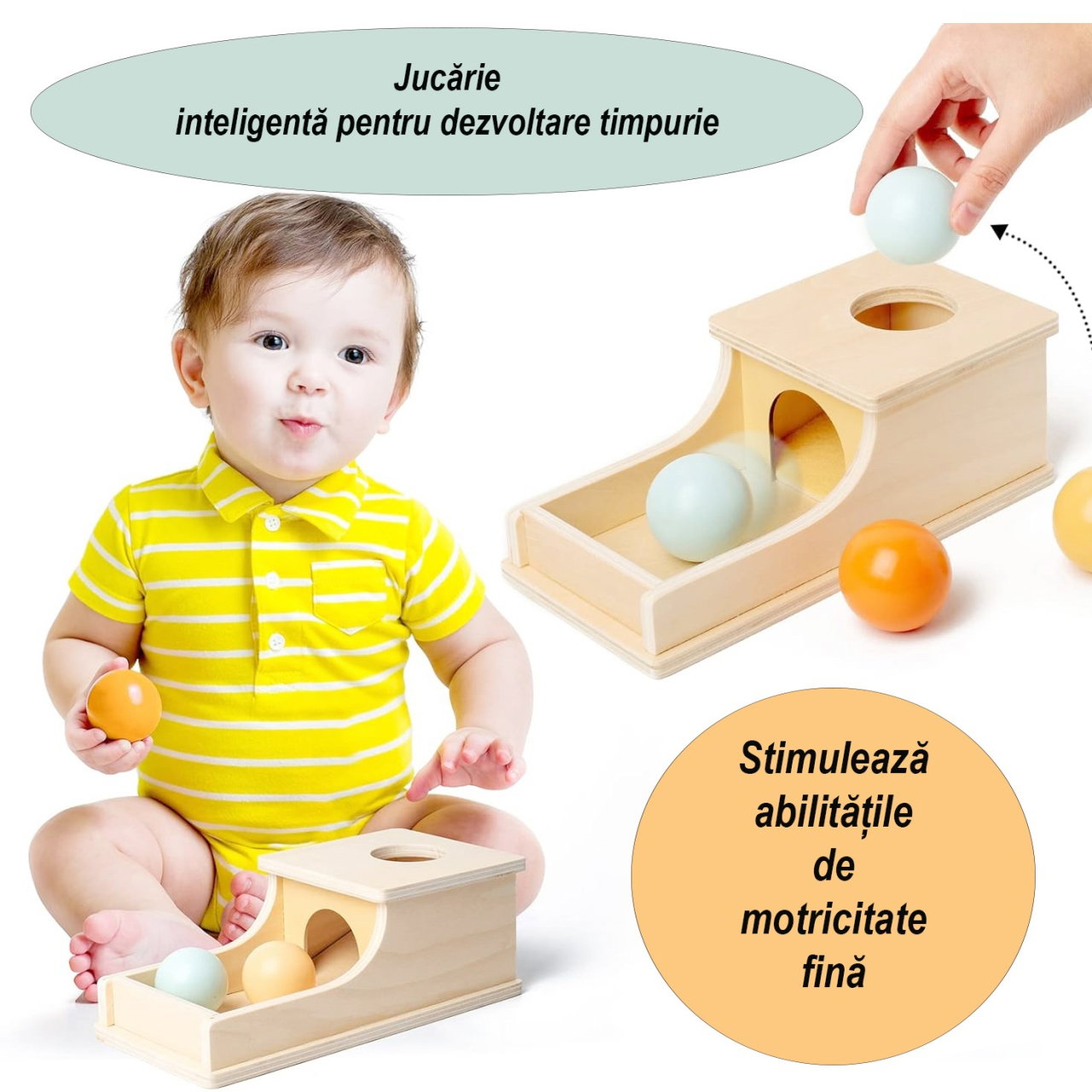 Jucarie Educativa Montessori din Lemn, Flippy, Model Pista cu Bile si Tunel, 4 piese, Joc pentru Motricitate si Coordonare, Copii 12+ luni, 24 x 12 x 8.5 cm, Multicolor [3]