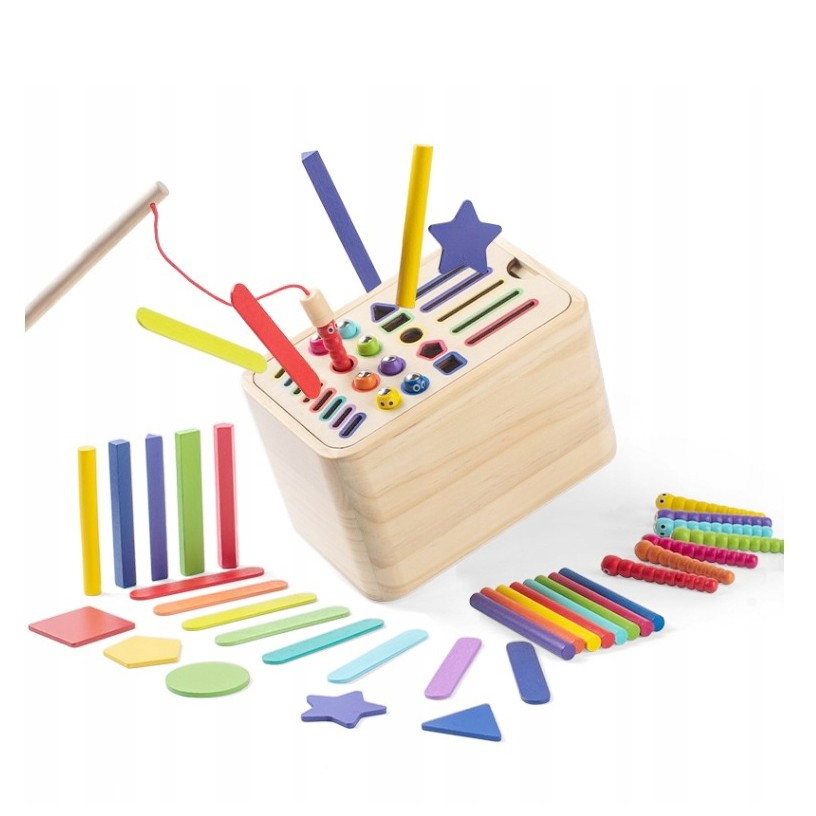 Jucarie Educativa Montessori Flippy din Lemn, Cutie Sortare Forme, Culori si Betisoare, Joc de Insirare, 56 piese, Dezvoltare Motricitate Fina, Copii 3+ ani, Multicolor [3]