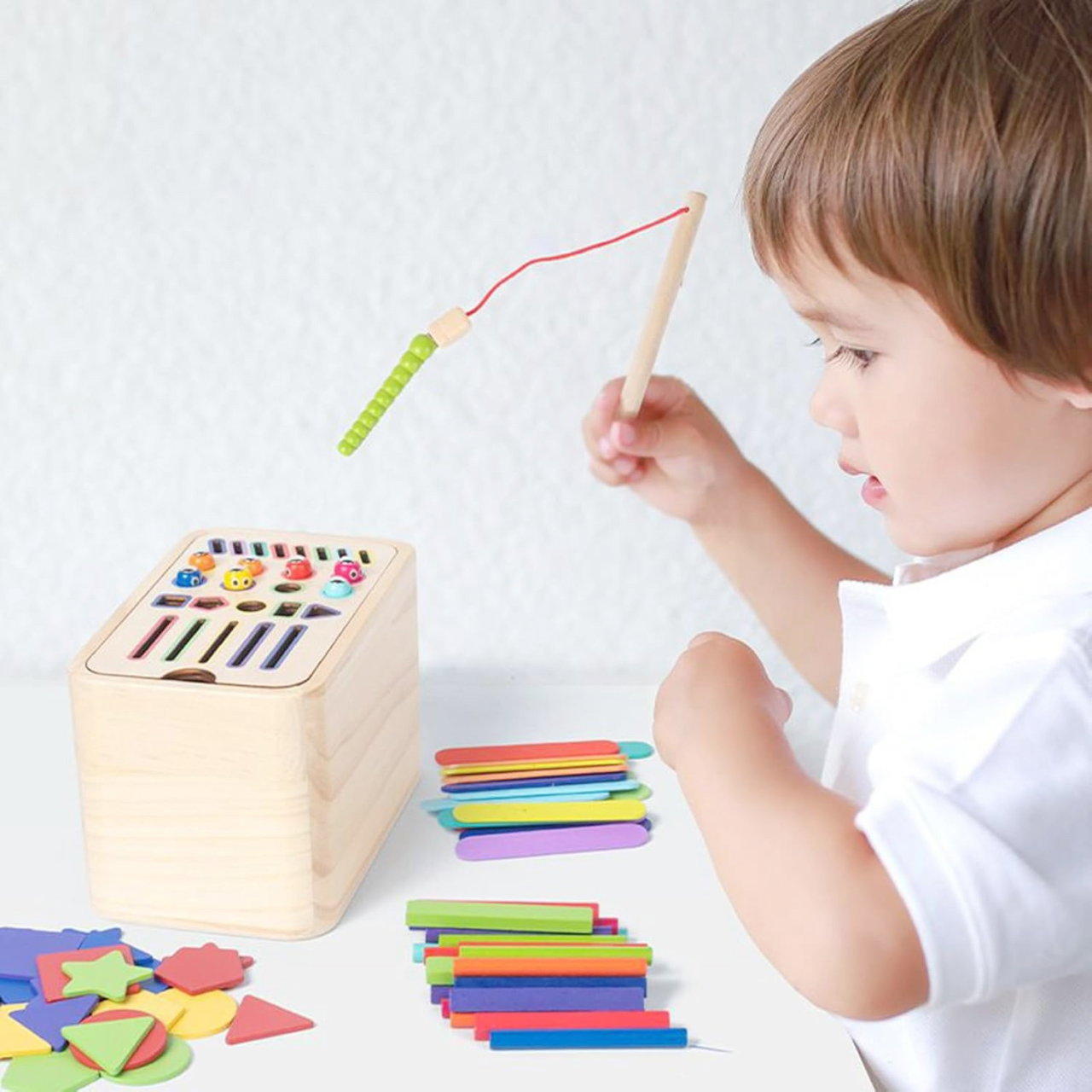 Jucarie Educativa Montessori Flippy din Lemn, Cutie Sortare Forme, Culori si Betisoare, Joc de Insirare, 56 piese, Dezvoltare Motricitate Fina, Copii 3+ ani, Multicolor [6]