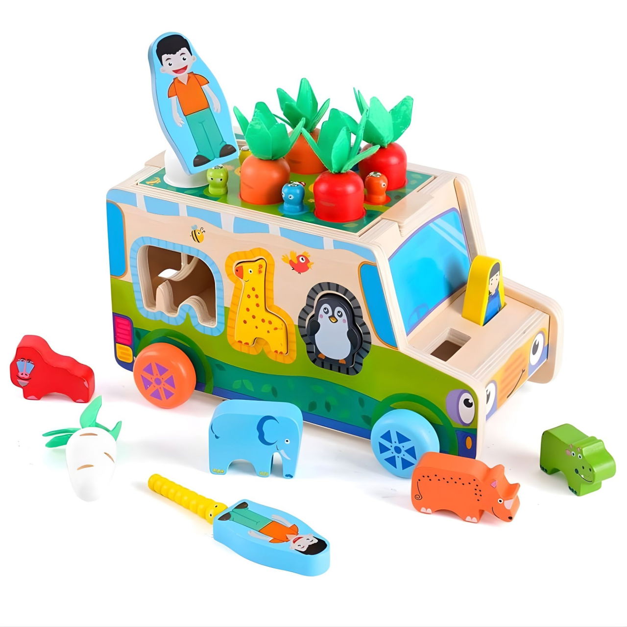 Jucarie Educativa Montessori, Flippy, Model Masinuta Educativa din Lemn 6 in 1, Sortator Forme, 1-3 ani, 23.7 x 17.5 x 12 cm, Multicolor [1]