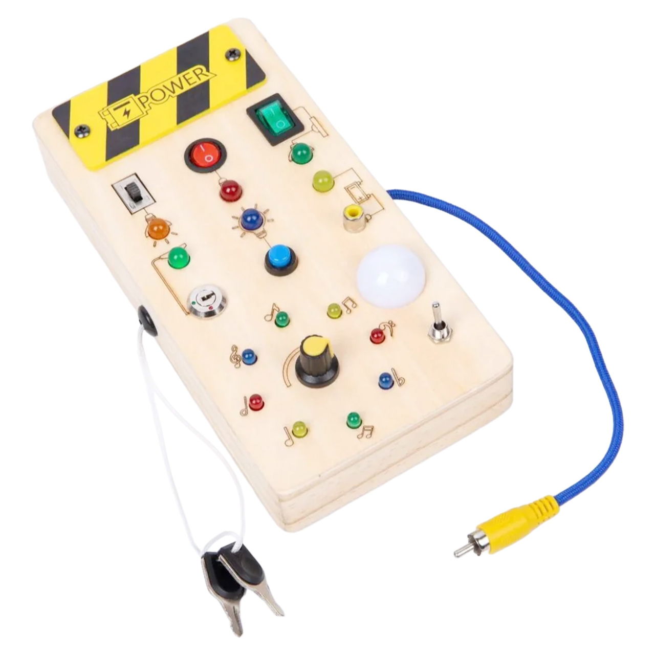 Jucarie Educativa Montessori pentru Copii, Flippy, Model Busy Board, Tableta din Lemn cu Circuit Luminos, 36 Comutatoare, Lumini LED, 19,5 x 9,7 x 3 cm, Lemn Natur [3]