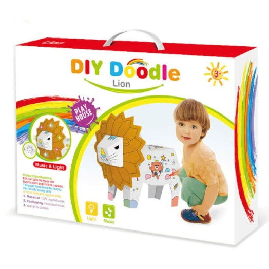 Jucarie Educativa pentru Copii, Flippy, Model Leu 3D, Puzzle 3D de Asamblat si Colorat din Carton, Educativ, 41 x 12 x 33 cm, 3+ ani, Maro/Alb [1]