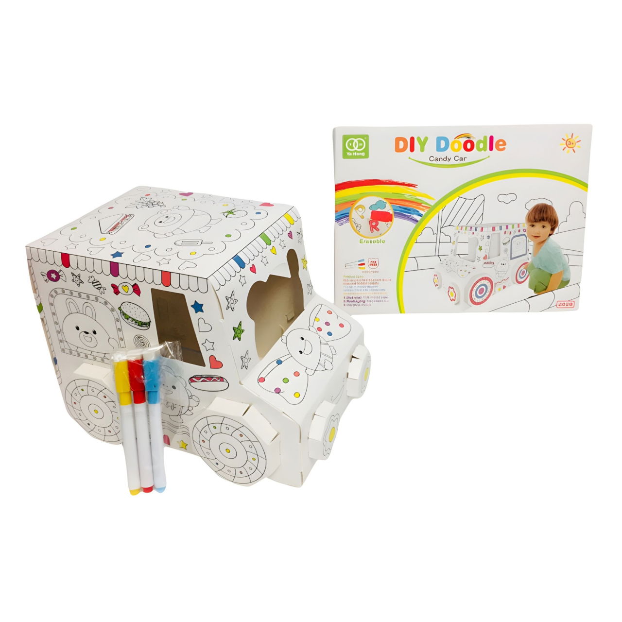 Jucarie Educativa pentru Copii, Flippy, Model Masinuta 3D, Jucarie de Asamblat si Colorat, din Carton, 28 x 20 cm, 3+ ani, Alb [2]