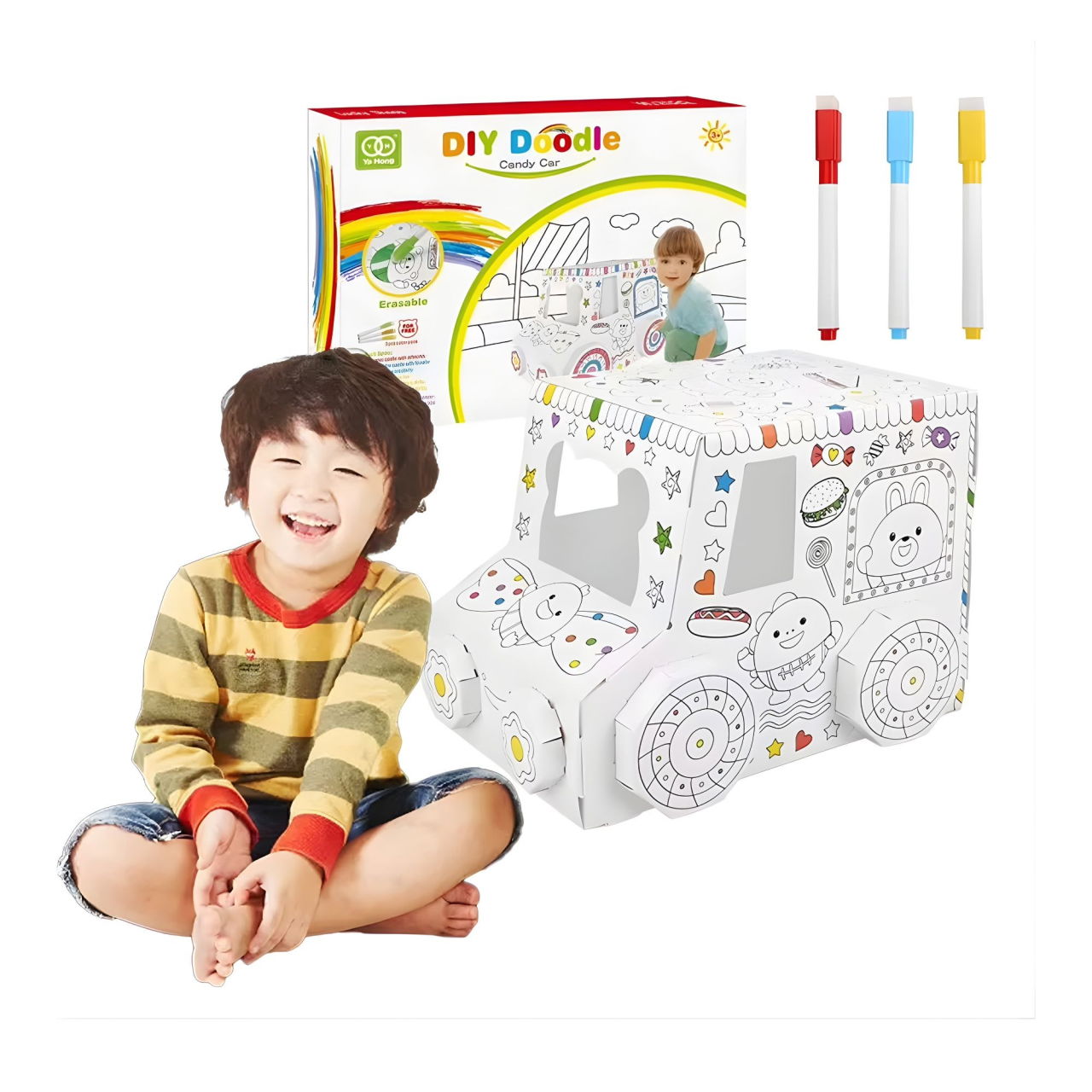 Jucarie Educativa pentru Copii, Flippy, Model Masinuta 3D, Jucarie de Asamblat si Colorat, din Carton, 28 x 20 cm, 3+ ani, Alb [3]